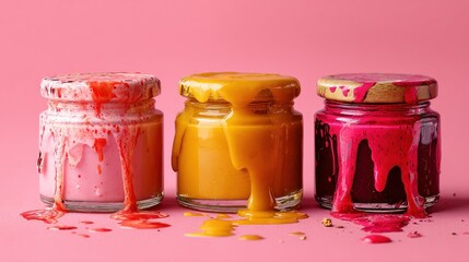 Colorful paint dripping from jars on a pink surface with creative art concept