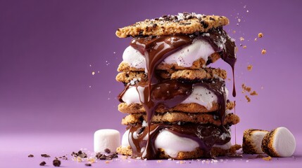 Stacked dessert with dripping chocolate and marshmallow on vibrant background