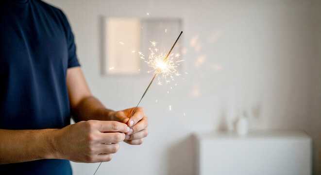 Man holding sparkler with lit flame indoors during celebration  