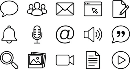 Communication, Social Media, and Web Interface Line Icons Set, Including Chat, Email, Notification, Multimedia, Search, and User Interaction Symbols, Flat Vector Illustration