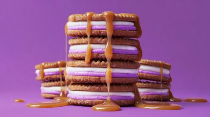 Stacked dessert sandwiches with caramel drizzle against a purple background