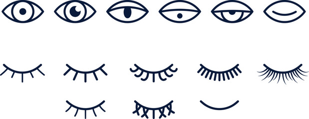 Human Eye States and Eyelashes Line Icons Set, Including Open, Closed, Winking, Sleeping, and Different Styles of Lash Extensions, Simple Flat Vector Illustration