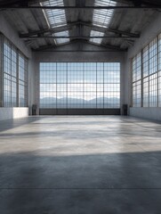 Fototapeta premium sunny spacious hangar area with concrete floor and windows in floor 3d render no logos no brands ar 34