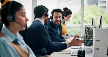 Computer, conversation and training with business people in call center for system integration or orientation. Advice, contact us and hotline with employee team in customer service office for support - Powered by Adobe