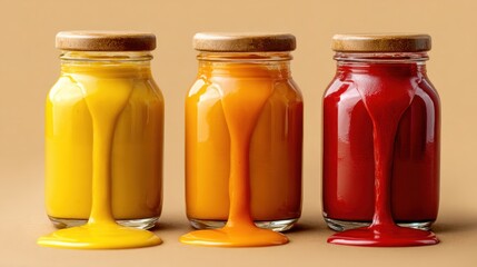 Three glass jars of colorful liquid flowing down with wooden lids isolated