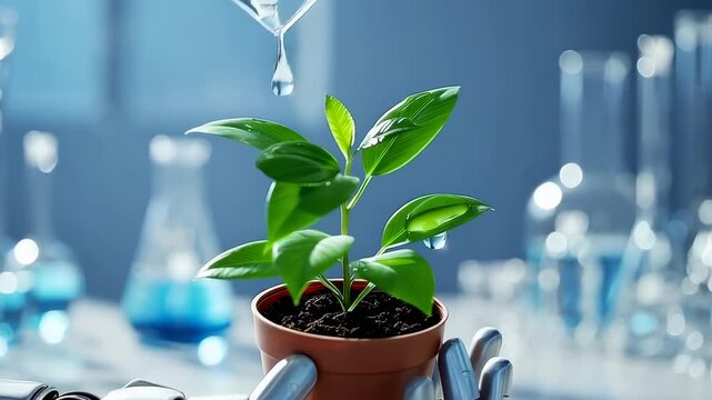 A Robotic Hand Gently Nurturing a Vibrant Plant in a Laboratory Setting, Exploring the Intersection of Technology and Nature in Modern Science