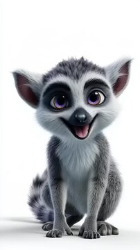 Cute cartoon lemur character smiling and posing on a white background.