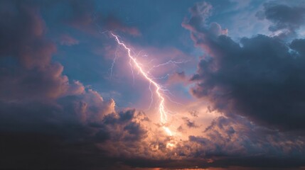 Dramatic lightning strike in cloudy sky with vibrant color and texture