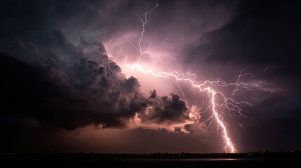 Dramatic lightning strike in dark cloudy sky nature storm weather