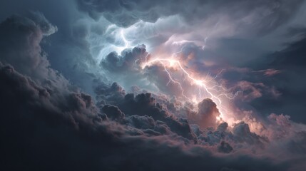 Dramatic storm clouds with lightning bolts striking across the sky