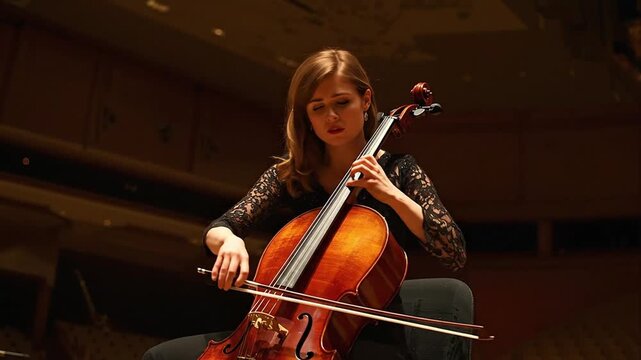 Passionate Female Cellist Performing Elegant Classical Music on Stage, Showcasing Talent and Grace in a Concert Hall Setting