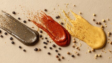 Three colorful food smears with spices and peppercorns on a light background