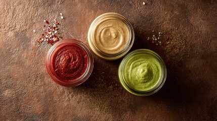 Three jars of sauces on a textured brown surface overhead view
