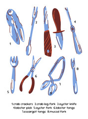 Large set of cutlery utensils for seafood, knives, tongs, forks and picks for crab, lobster, mussels