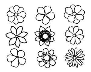 Set of hand drawn black line art doodles flowers isolated on transparent background. 