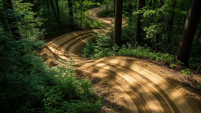 Bicycle tire tracks winding through dirt trail, overhead view, outdoor adventure theme, no people present.