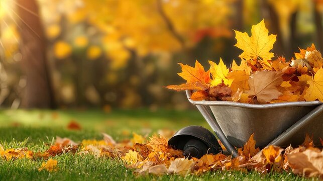 A wheelbarrow filled with vibrant autumn leaves sits in a peaceful park, while a broom leans against it on a sunny day - Powered by Adobe