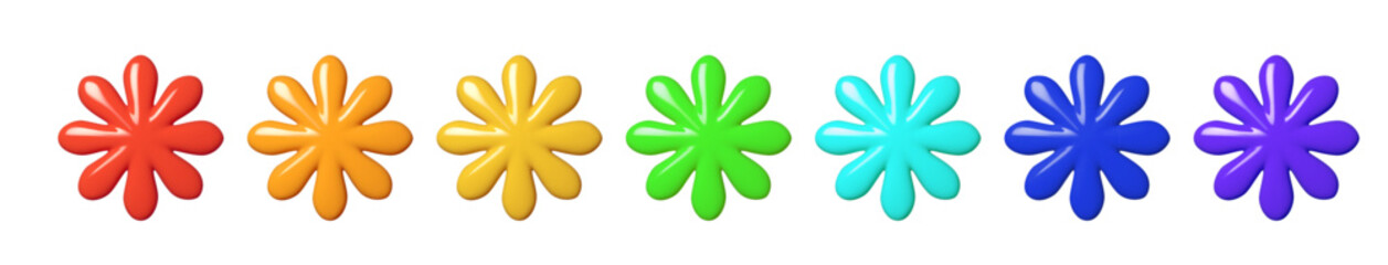 Obraz premium vibrant floral badges, colorful rainbow blossom icons, glossy flower petal emblems arranged sequentially