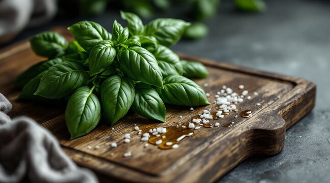 Fresh green basil leaves, coarse sea salt, and olive oil on a rustic wooden cutting board, culinary ingredients - Powered by Adobe