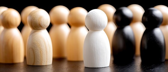 Different wooden game pieces of varying colors stand together in a group on a dark background, highlighting their shapes and textures