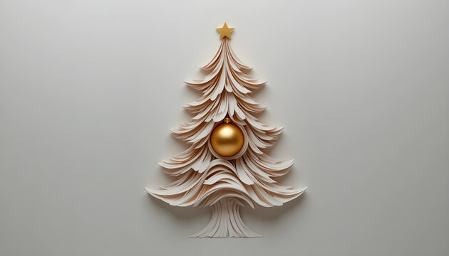 a minimalist christmas tree design featuring layered white paper and a single golden ornament is showcased against a neutral backdrop