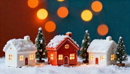 Ceramic winter village houses with snow and warm lights