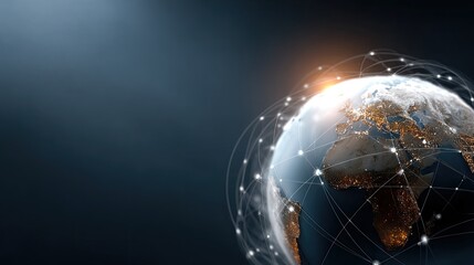 A view of Earth from space shows city lights sparkling at night, surrounded by a web of glowing connections, highlighting human presence