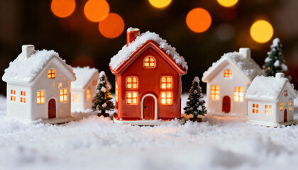 Ceramic winter village houses with snow and warm lights