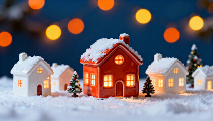 Ceramic winter village houses with snow and warm lights