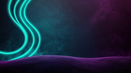 Abstract neon light trails on a purple surface with smoky background