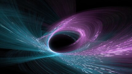 Abstract vortex of light with teal and purple strands on black ground
