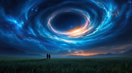 A couple stands in a grassy field, gazing at a magnificent swirling cosmic portal in the dark starry night sky