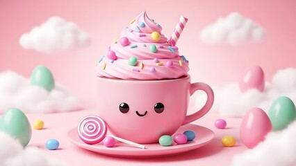 Kawaii pink hot chocolate with whipped cream and candy