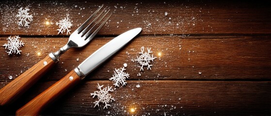 Shiny silver cutlery rests on a wooden table adorned with colorful ornaments and greenery, perfect for a joyful holiday gathering