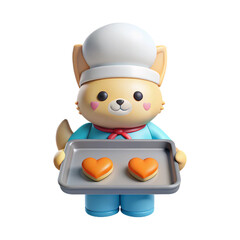 Cute 3D cat chef holding metal baking tray with two orange heart-shaped cookies, white chef hat, blue apron, glossy plastic texture, soft shadow, bakery mascot character, isolated, no background