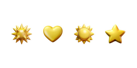 Golden Shape Icon Set. 3D yellow symbols including spiked star, smooth heart, sunburst medallion and classic star in metallic yellow shine, glossy luxury style, reward and premium design elements, iso