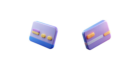 Credit Card Icons. 3D purple and blue credit card with yellow chip and glossy plastic texture, digital payment and online banking symbol, isolated icon