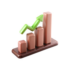 Growth Icon. 3D bar chart with ascending brown columns and bright green arrow pointing upward, glossy business analytics symbol, financial growth concept, isolated, no background