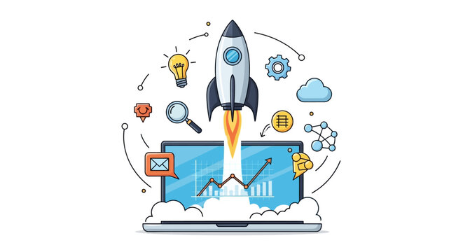 Flat design illustration of a rocket launching from a laptop with various business and technology icons floating around it on a white background.