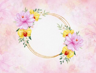 Gold Circle Frame with Painting Flowers Background