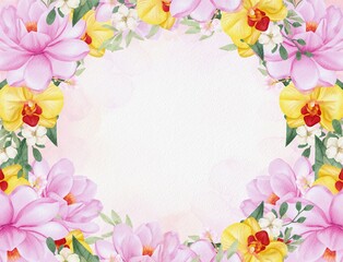 Watercolor Flowers and Leaves Painting Border Background 