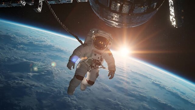 Astronaut in spacesuit performing an EVA above Earth, tethered to a spacecraft with a brilliant sun flare, symbolizing space exploration and discov...