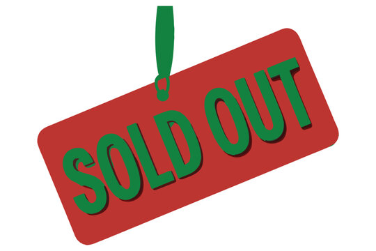 A red rectangular tag with the words SOLD OUT in green letters hangs from a green string against a white background, representing a depleted stock.