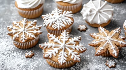 Fototapeta premium Cupcakes topped with creamy frosting and holiday decorations arranged on a table, surrounded by pine branches and spices