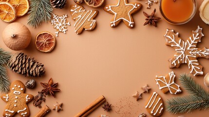 A collection of baked goods, spices, and ornaments is displayed creatively on a wooden background, creating a warm holiday atmosphere