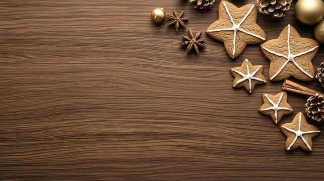 A collection of baked goods, spices, and ornaments is displayed creatively on a wooden background, creating a warm holiday atmosphere