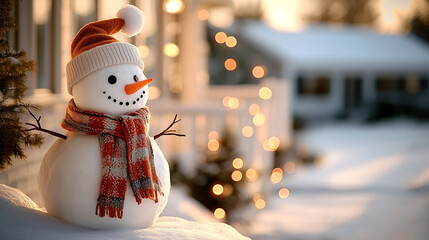 Adorable snowman with hat and scarf next to a glowing lantern