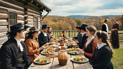 Thanksgiving Feast: A Pilgrim Family Sharing a Meal Outdoors in a Rustic Setting During Autumn