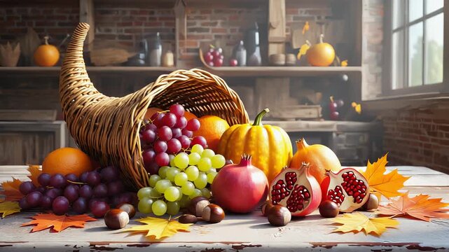 Bountiful Thanksgiving Cornucopia Filled with Autumn Fruits, Vegetables, and Chestnuts on a Rustic Wooden Table in Warm, Inviting Light