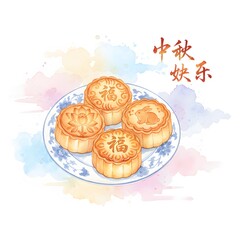Watercolor painting of four mooncakes on a plate, the mooncakes are arranged in a square formation. Chinese characters and symbols